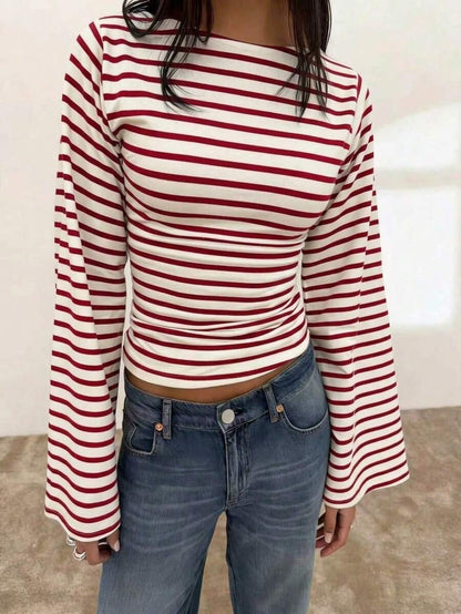 Striped Knit Crop Top Bell Sleeve Y2K Slim Fit