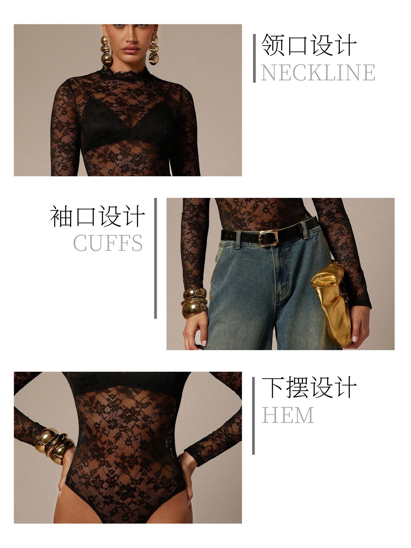 Black Floral Lace Bodysuit Sheer Mesh Mock Neck Top