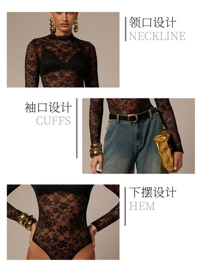 Black Floral Lace Bodysuit Sheer Mesh Mock Neck Top