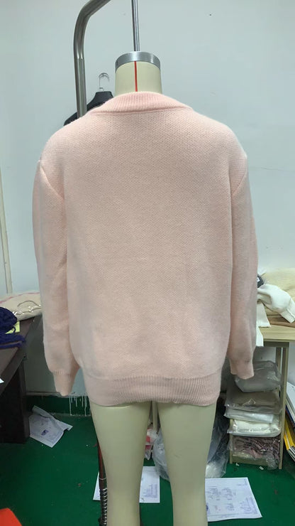 Women's Pink Oversized Crewneck Pullover Sweater