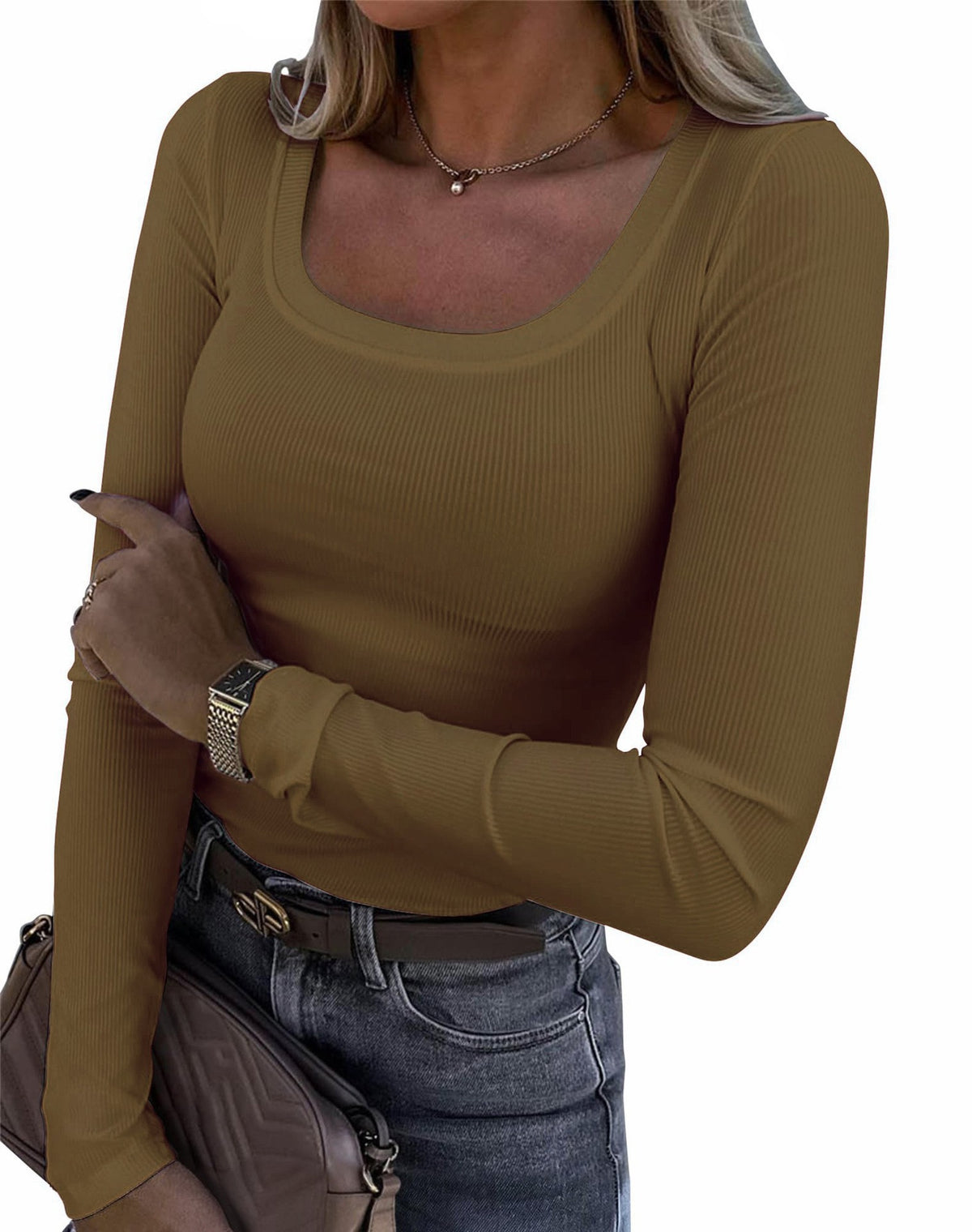 Women's Ribbed Scoop Neck Long Sleeve Fitted Top