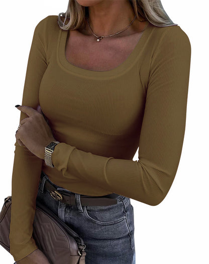 Women's Ribbed Scoop Neck Long Sleeve Fitted Top
