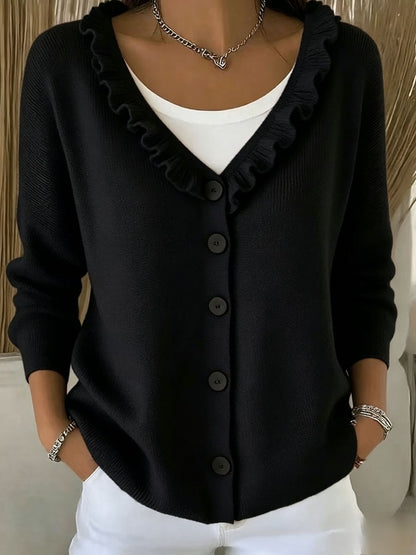Ruffle Trim V Neck Knit Cardigan Sweater