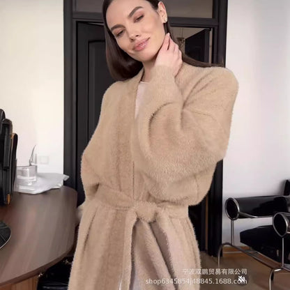 Women’s Long Faux Fur Cardigan Belted Open Front Sweater