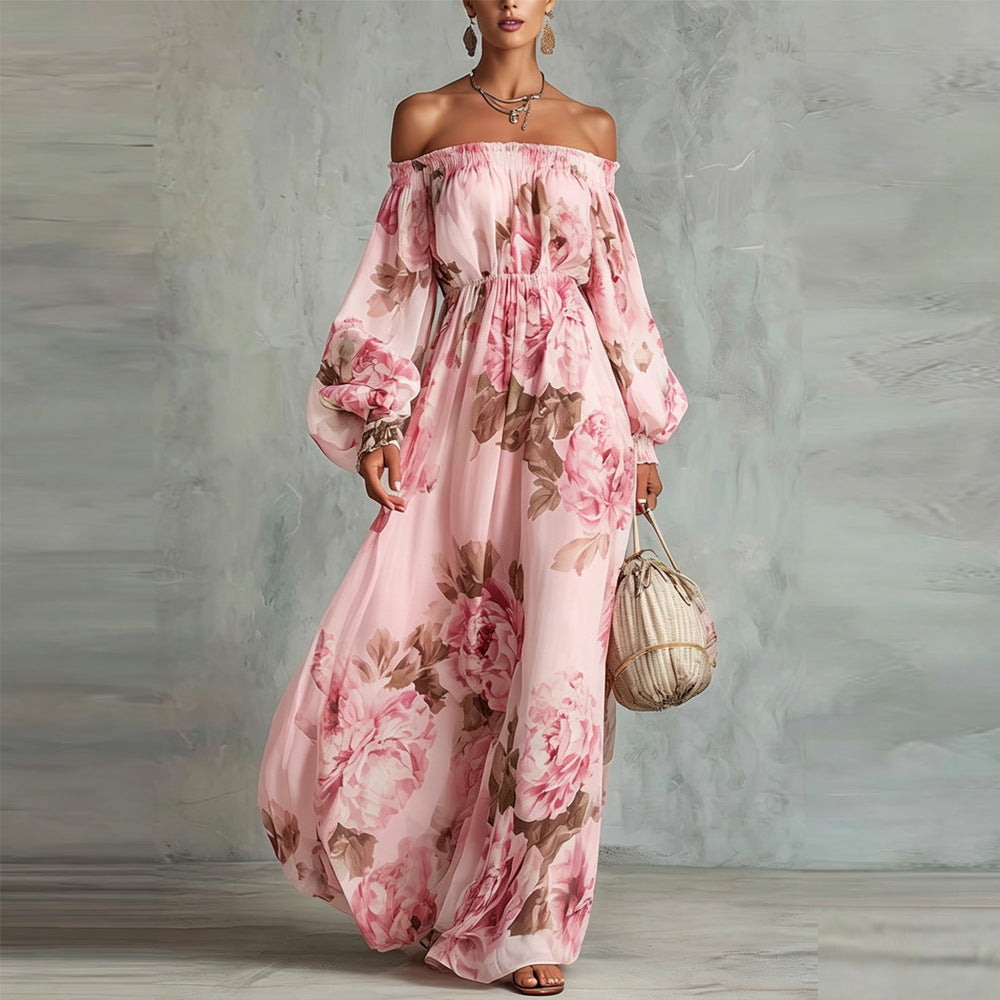 Off Shoulder Balloon Sleeve Floral Maxi Dress