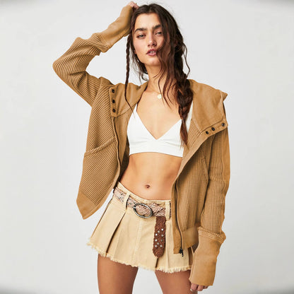 Hooded Zipper Sweater, Spliced Lazy Style Knitted Jacket