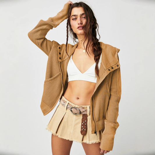 Hooded Zipper Sweater, Spliced Lazy Style Knitted Jacket