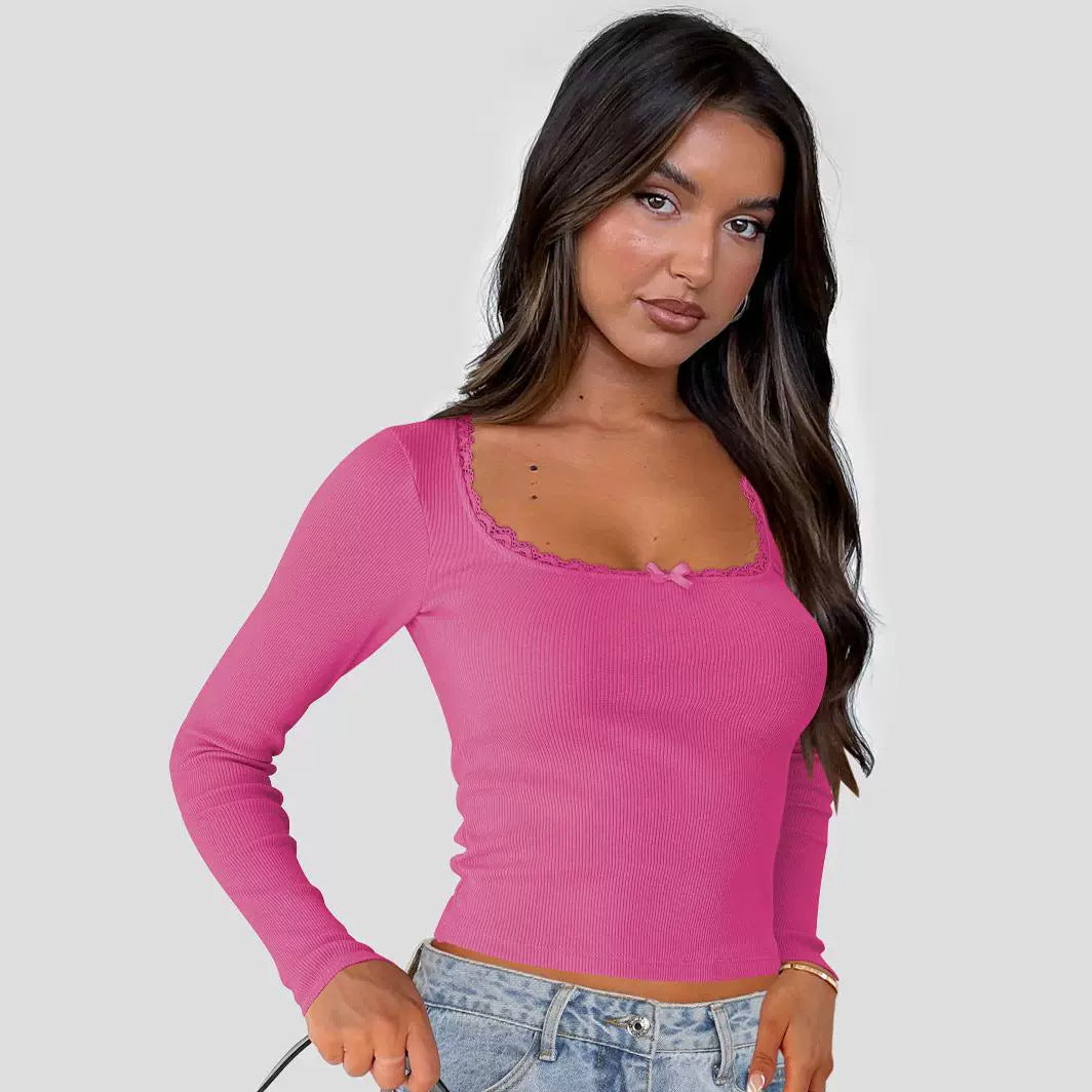 Slim Lace Splicing U-neck Long Sleeve Top - Trendy T-shirt