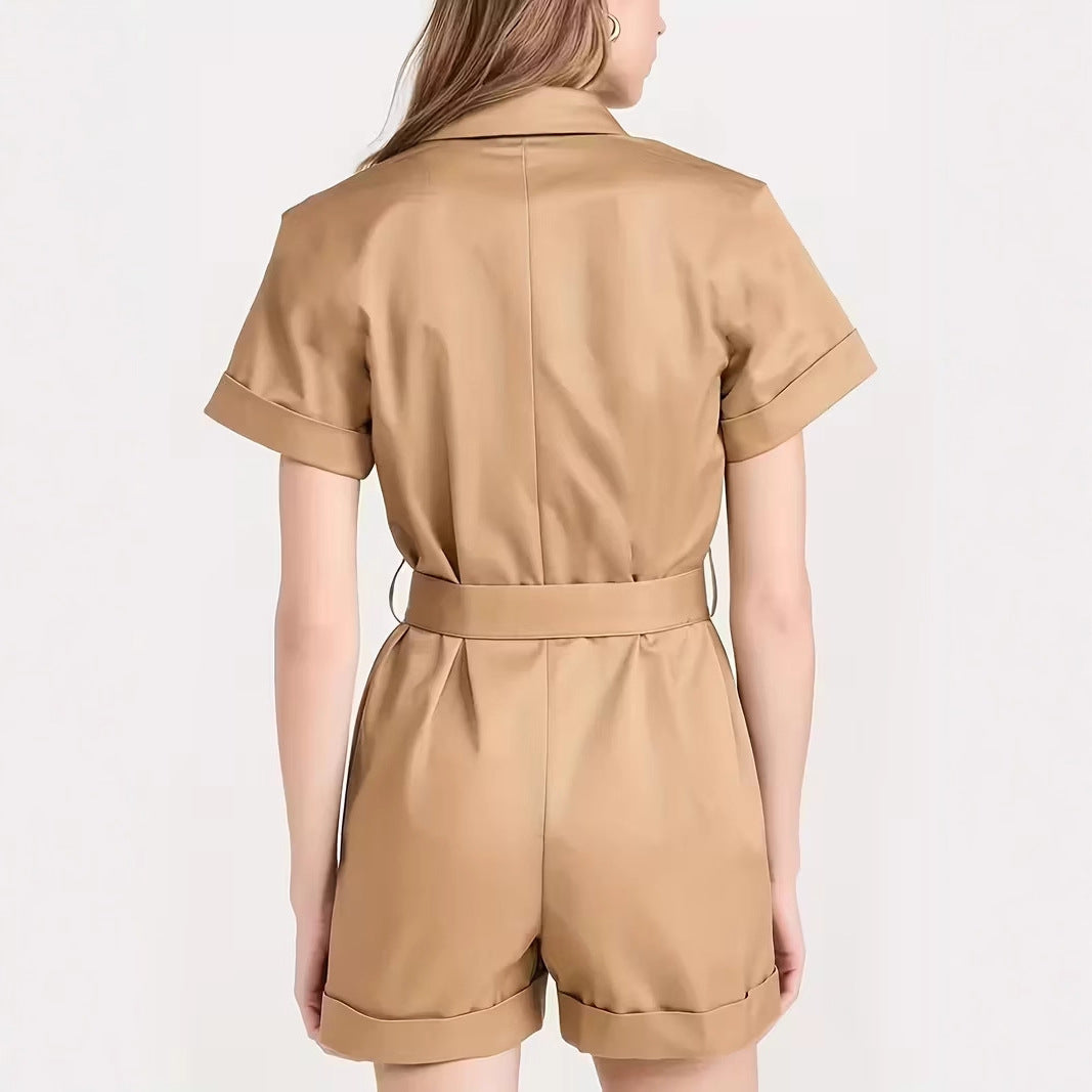 Women's Belted Utility Romper Short Sleeve Cargo Jumpsuit