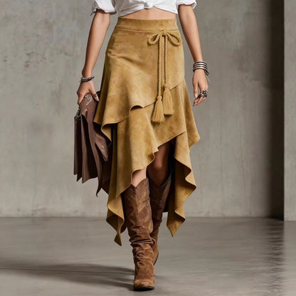 Western Faux Suede Asymmetrical Midi Skirt