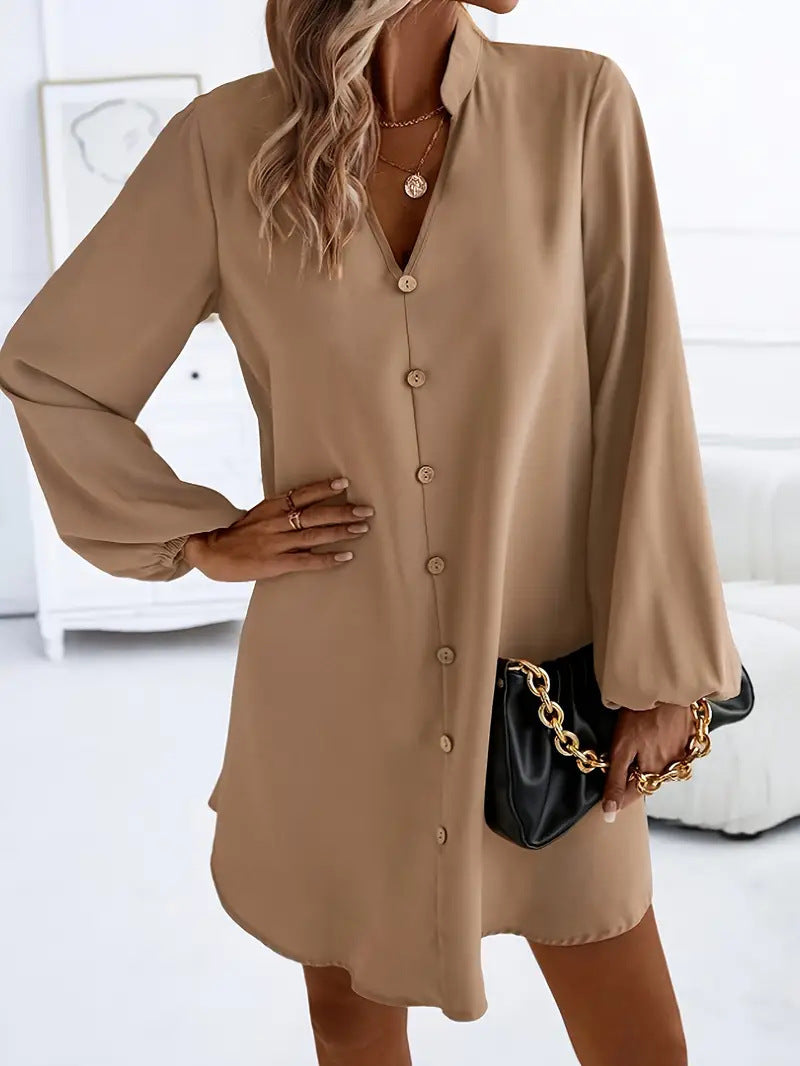 Women's V-Neck Balloon Sleeve Button Down Shirt Dress