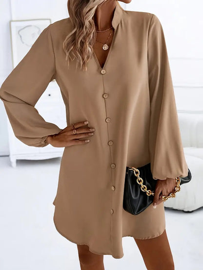 Women's V-Neck Balloon Sleeve Button Down Shirt Dress