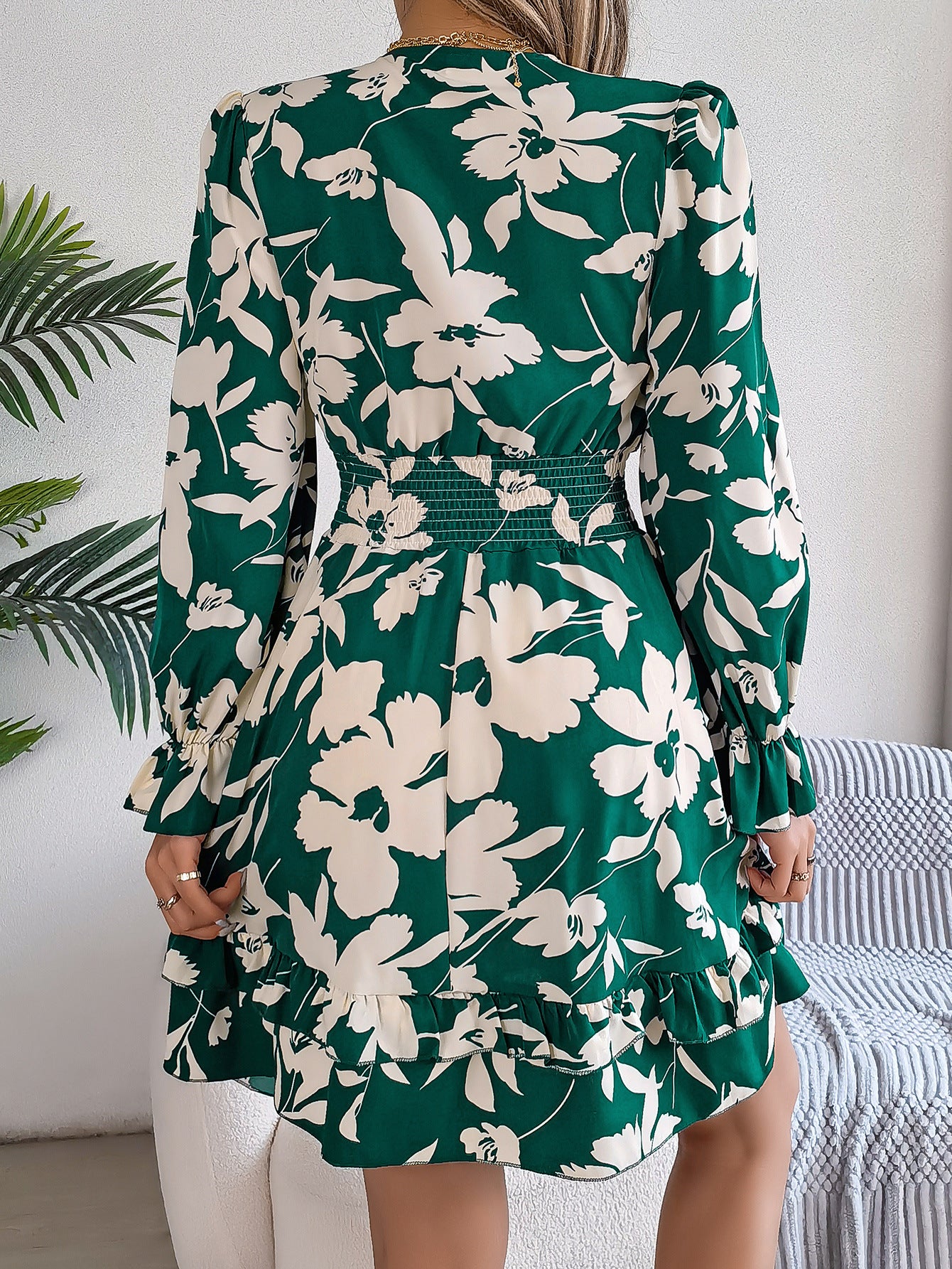 Floral V Neck Long Sleeve Ruffle Mini Dress