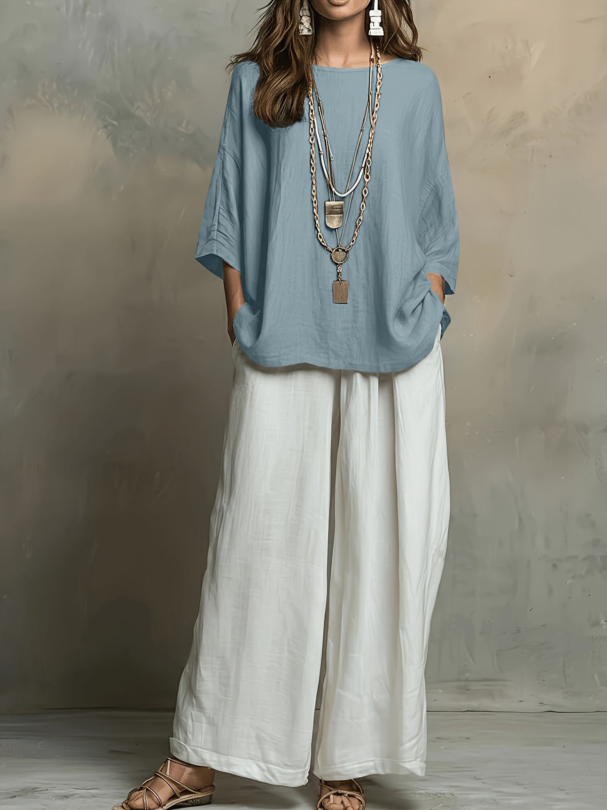 Women's Boho Color Block Two Piece Set Wide Leg Pants