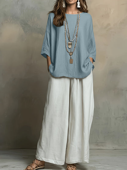 Women's Boho Color Block Two Piece Set Wide Leg Pants