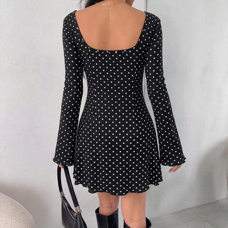 Polka Dot Lace Trim V Neck Long Sleeve Mini Dress