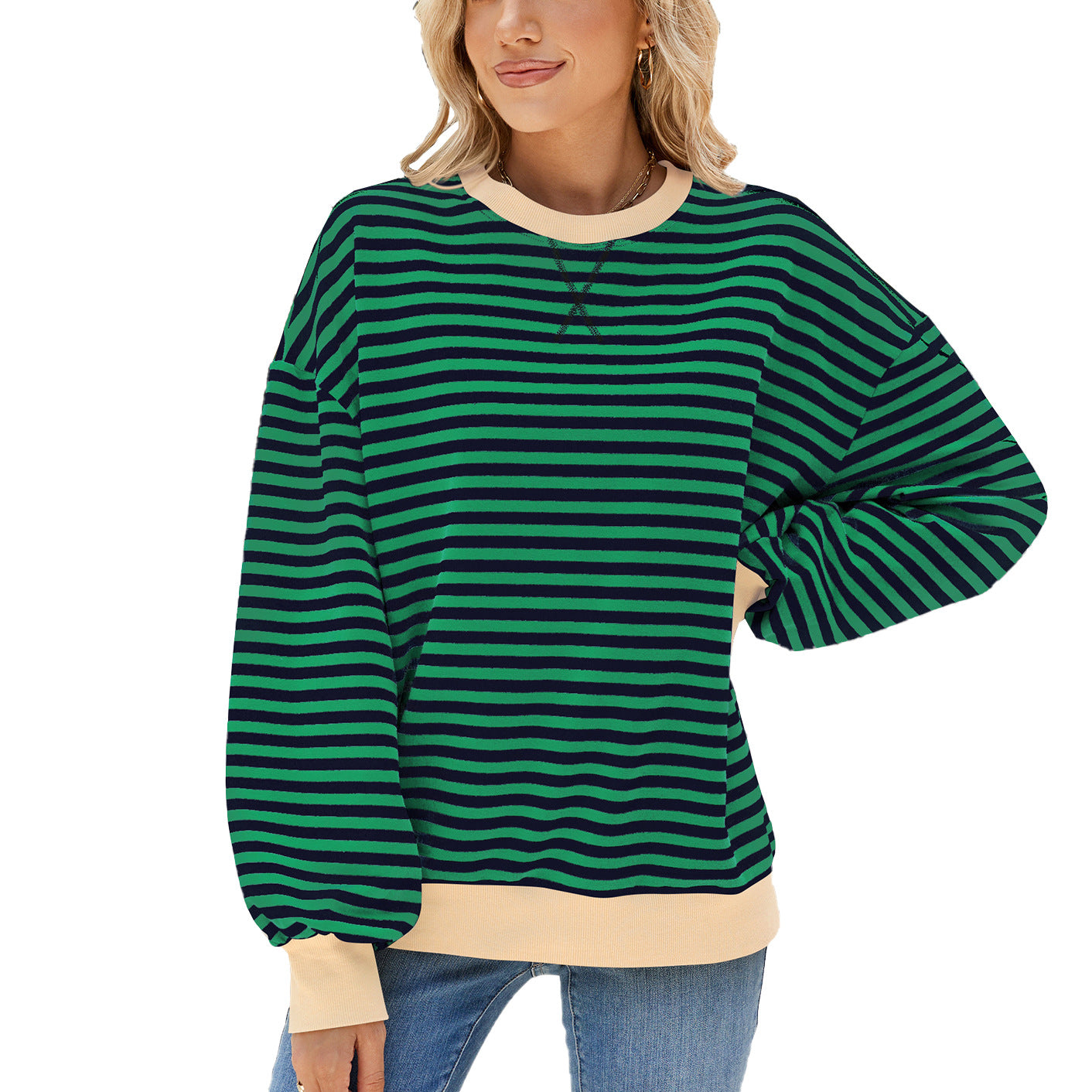 Striped Color Block Crew Neck Loose Fit Long Sleeve Sweatshirt