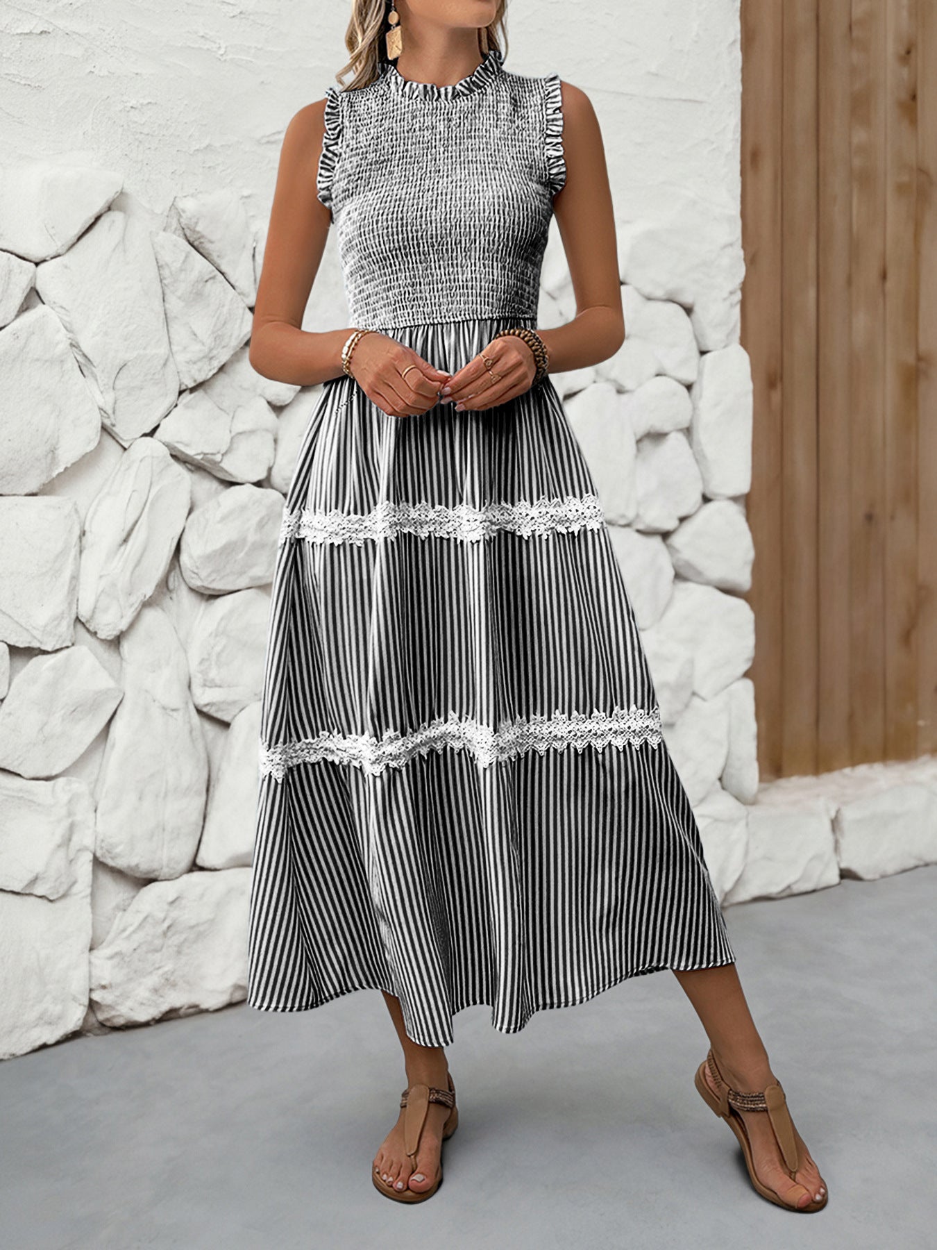 Sleeveless Striped Lace Midi Dress Ruffled A-Line Summer
