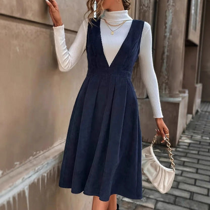 Corduroy Pinafore Dress V-Neck Sleeveless Midi A-Line