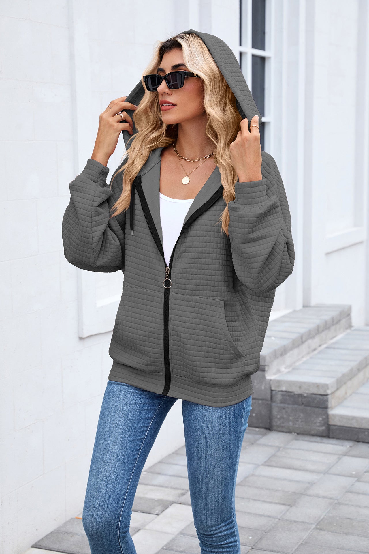 Quilted Zip Up Hooded Jacket Hoodie with Pockets