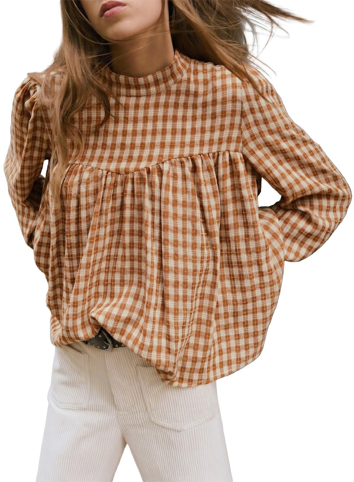 Women's Plaid Mock Neck Babydoll Long Sleeve Top