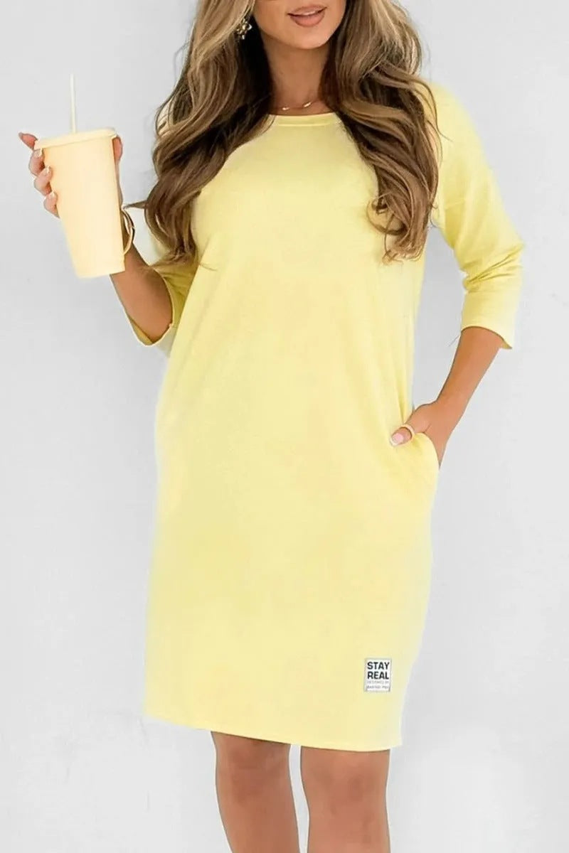 Women's Casual Crewneck Long Sleeve Midi Dress with Pockets