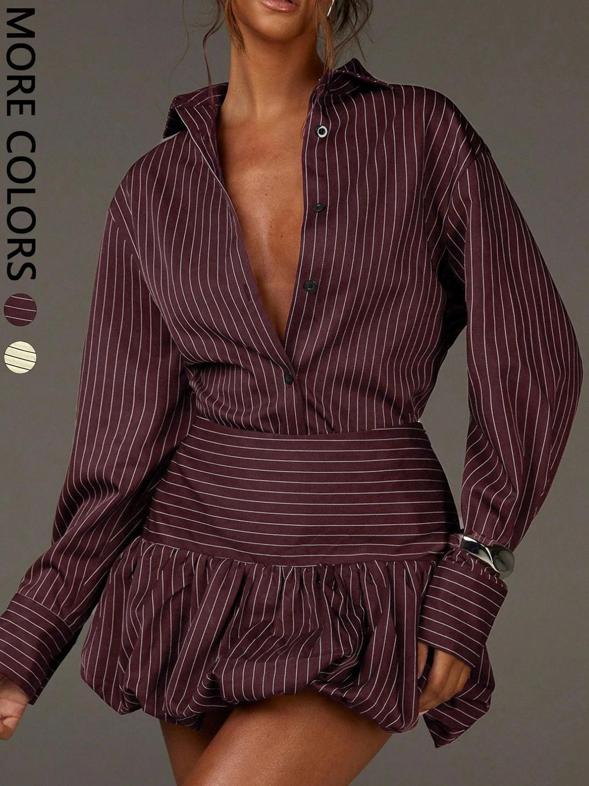 Striped Shirt and Bubble Mini Skirt Matching Set