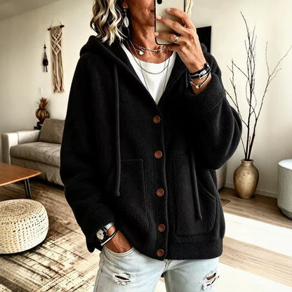 Women's Hooded Fleece Button Cardigan Jacket
