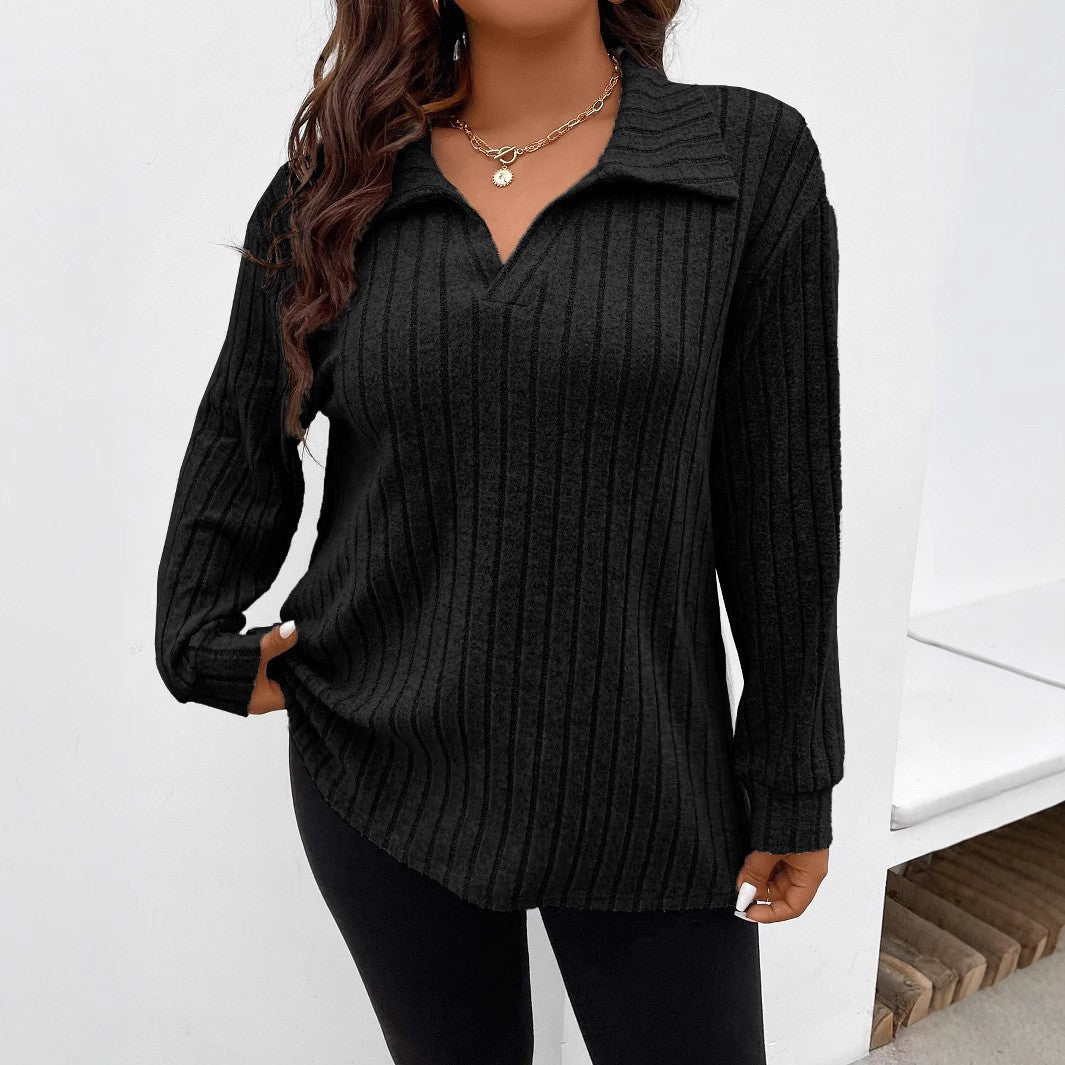 Plus Size Ribbed Long Sleeve Collared V-Neck Tunic Top