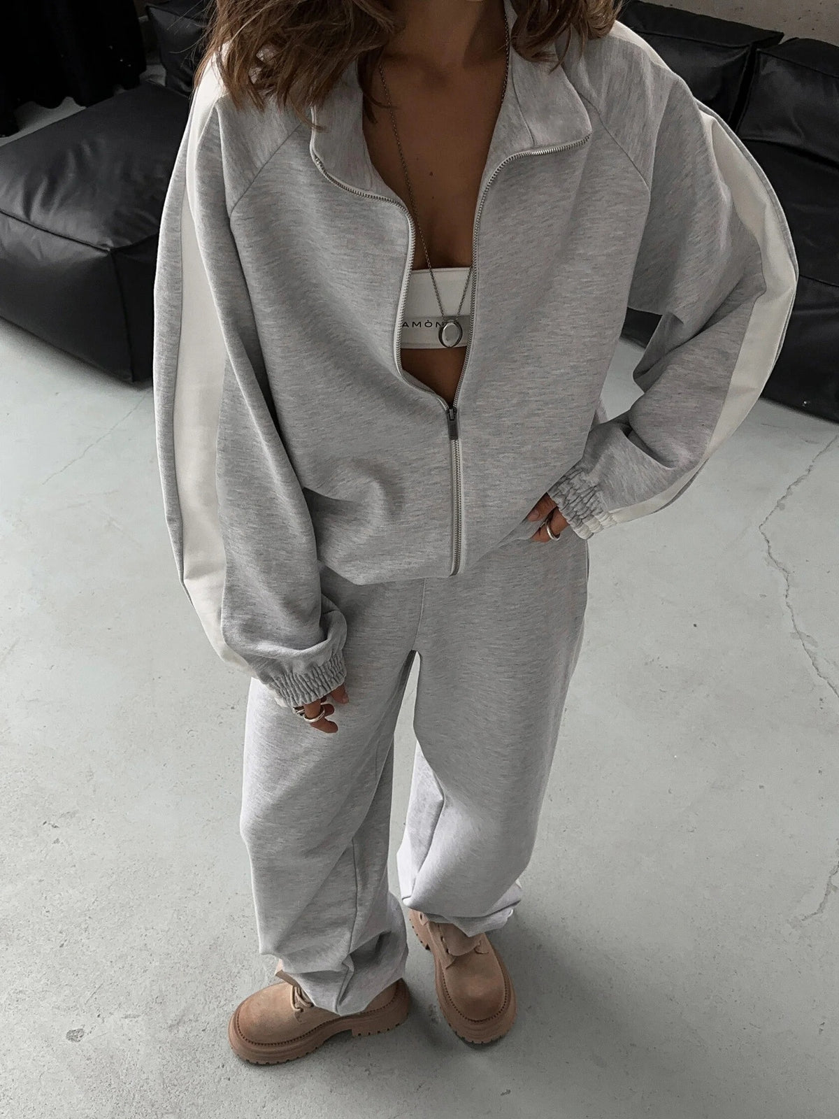 Women's Colorblock Zip Hoodie Jogger Pants Matching Set