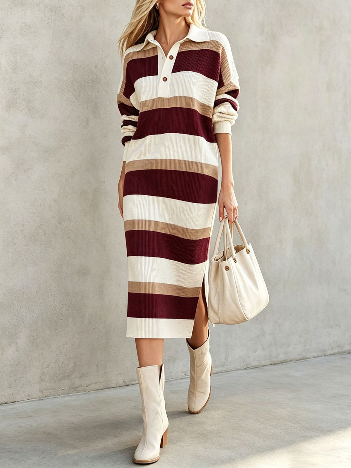 Women's Striped Polo Sweater Dress Long Sleeve Midi Slit