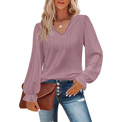 Women's V Neck Lace Long Sleeve Blouse Tunic Top