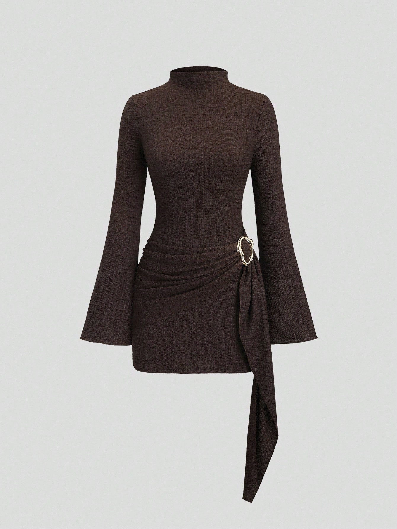 Ruched Knit Bodycon Dress Metal Ring Long Sleeve Mini