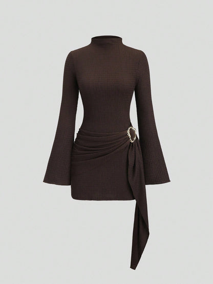 Ruched Knit Bodycon Dress Metal Ring Long Sleeve Mini
