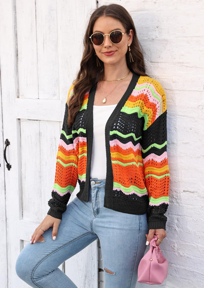 Women's Rainbow Patchwork Striped Sweater Jacket