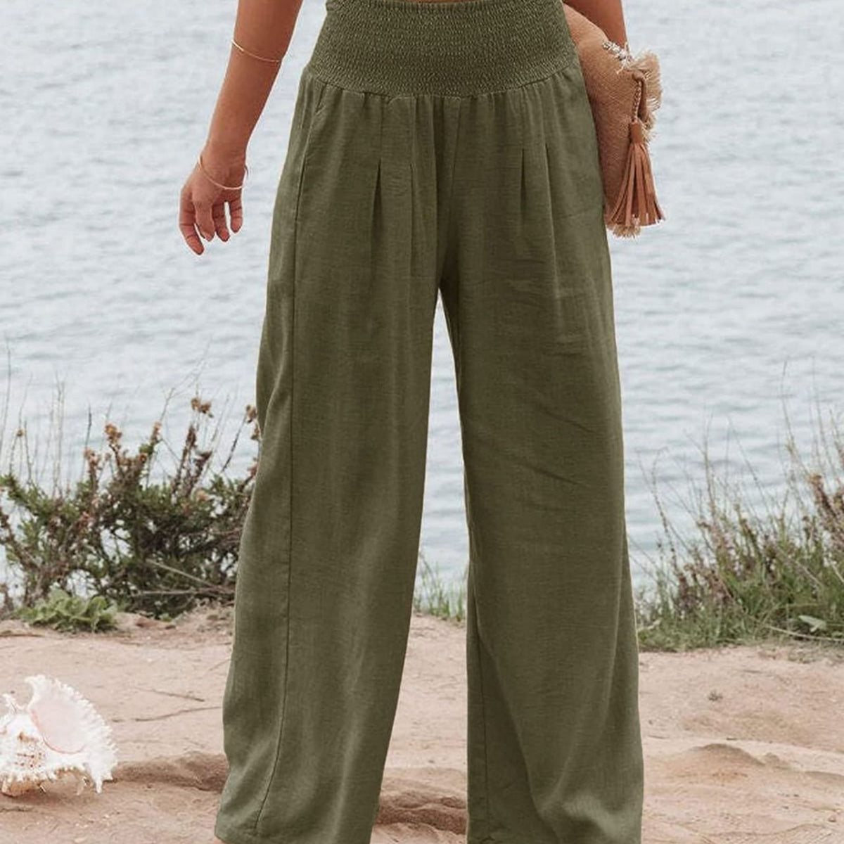 Women's Smocked High Waist Wide Leg Cotton Pants Pockets