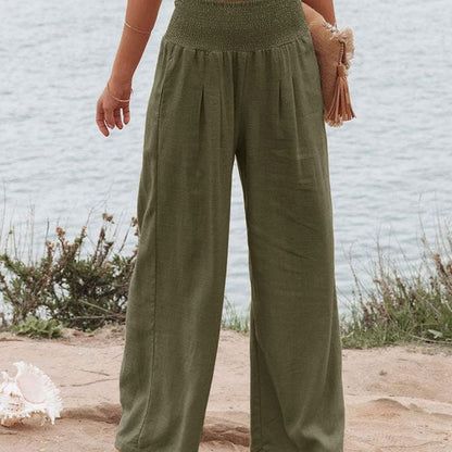 Women's Smocked High Waist Wide Leg Cotton Pants Pockets