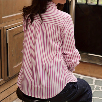 Pink Striped Ruffle Collar Smocked Cuff Blouse