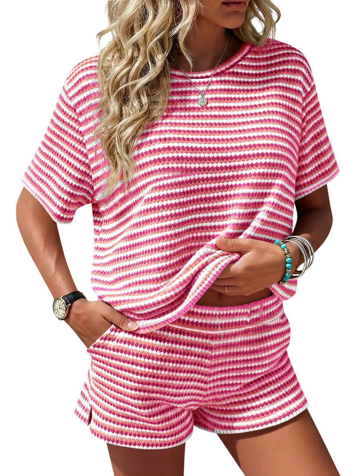 Textured Stripe Lounge Set Crew Neck Tee and Shorts Set