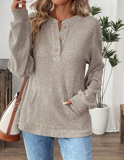 Women's Oversized Ribbed Henley Long Sleeve Top