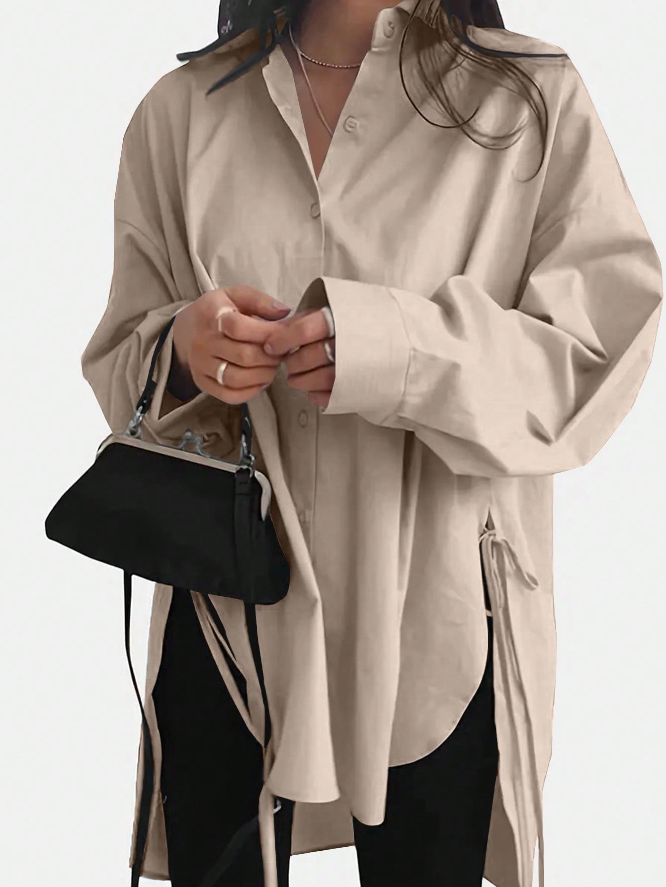 Womens Oversized Shirt Side Tie High Low Long Sleeve Tunic