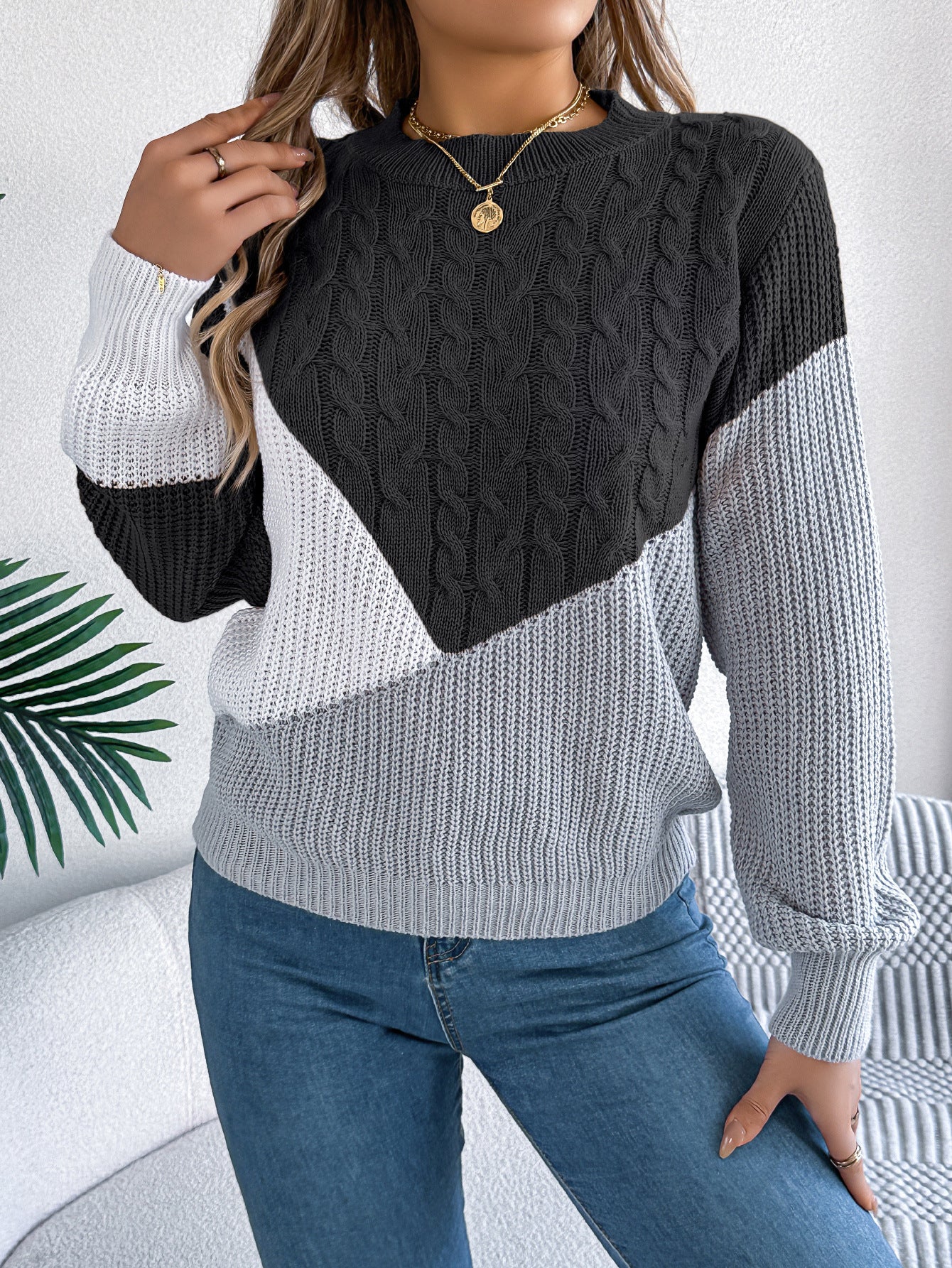Colorblock Cable Knit Sweater – Casual Fall Winter Pullover