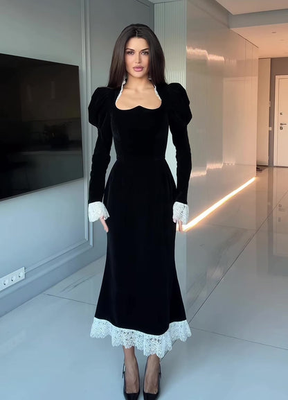Black Velvet Lace Trim Bodycon Long Sleeve Midi Dress