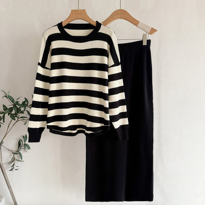 Striped Sweater & Midi Skirt Knit Matching Set