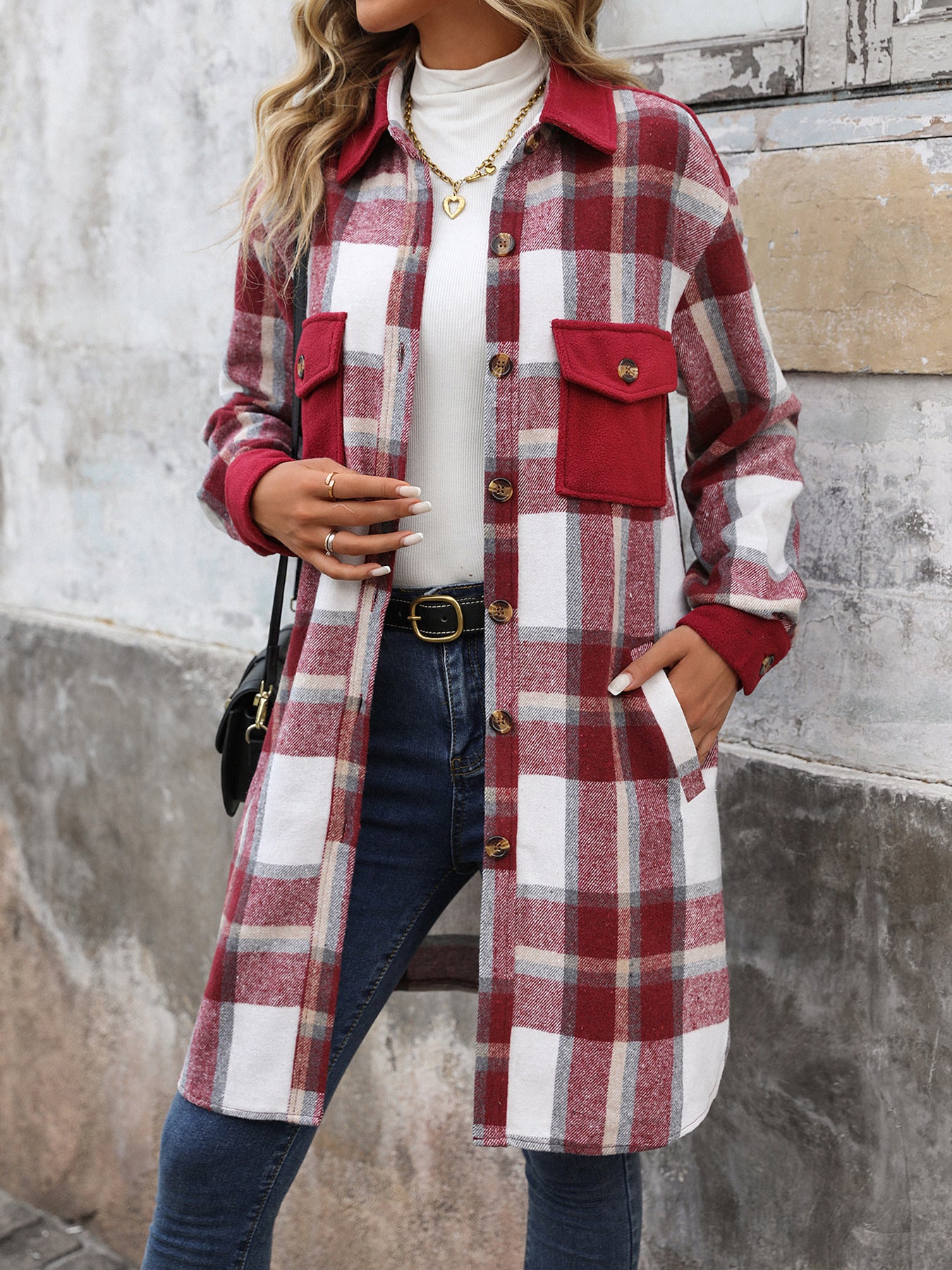 Plaid Shirt Jacket for Women - Long Button Front Coat