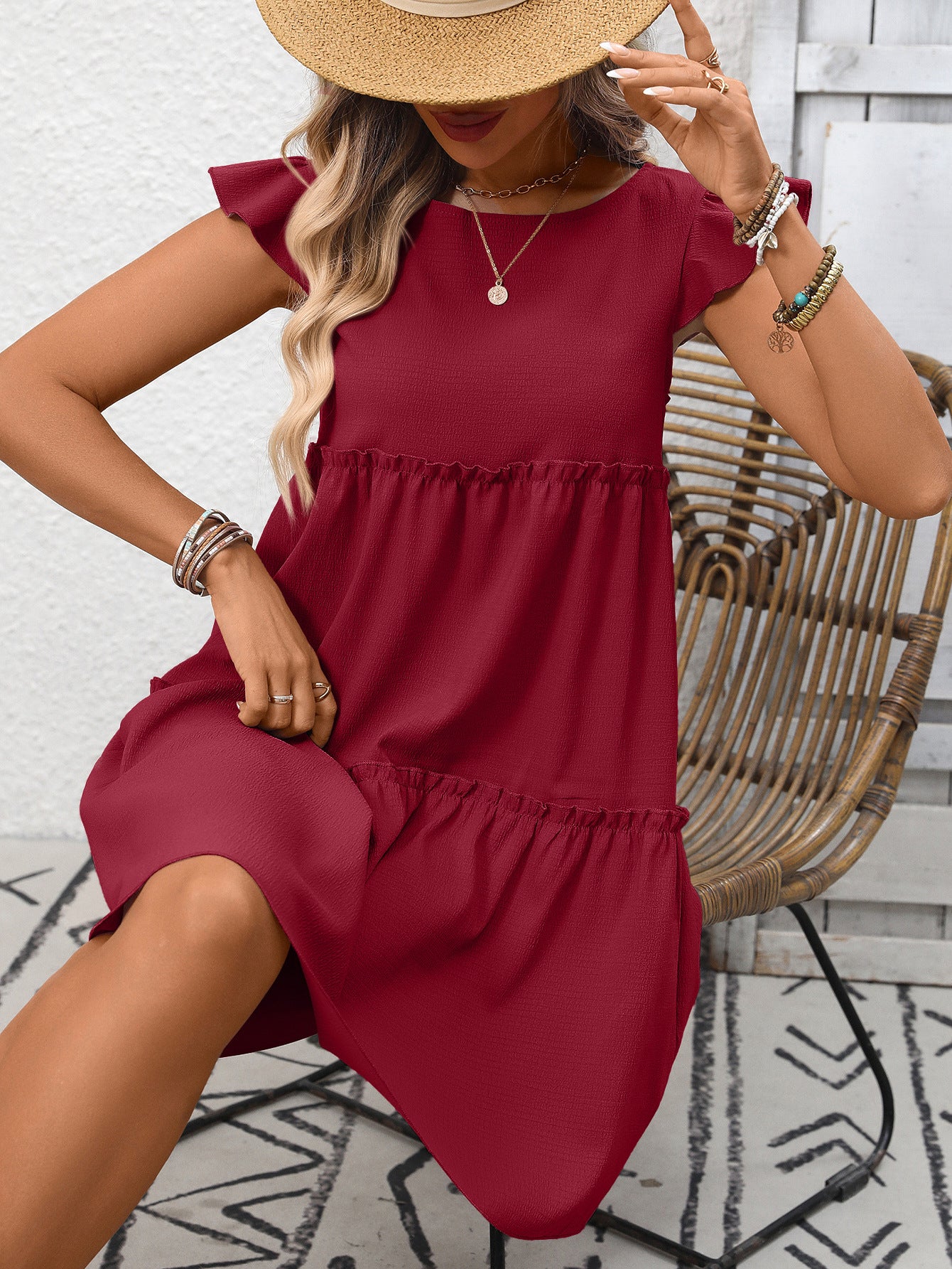 Solid Chiffon Mini Dress Boho Tiered Ruffle Flutter Sleeve