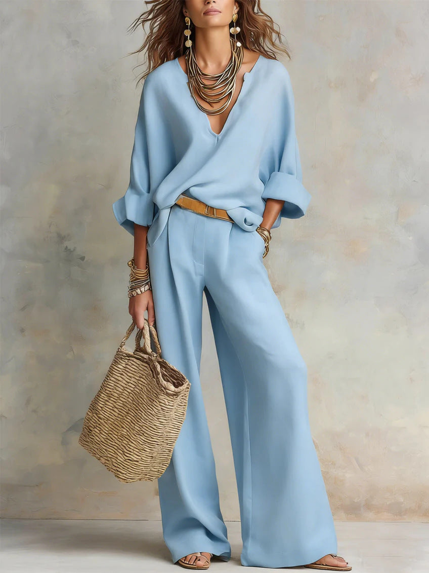 Women's Linen V-Neck Wide Leg Pants Two Piece Set