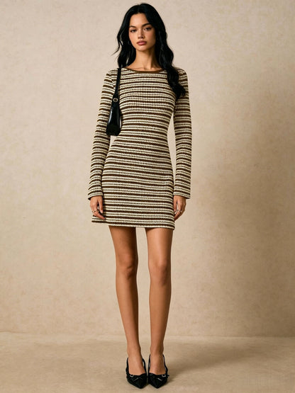 Striped Knit Mini Dress Long Sleeve Slim Fit Retro
