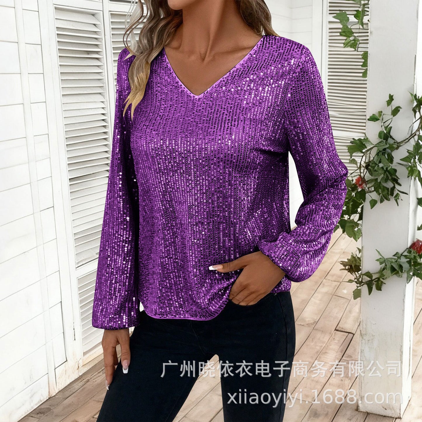 Women's Sequin V Neck Long Sleeve Party Top