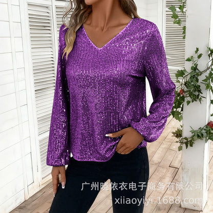 Women's Sequin V Neck Long Sleeve Party Top